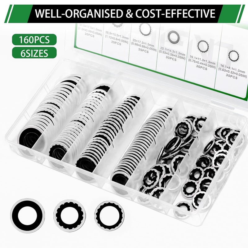 Japtend 160PCS Air Conditioning System Compressor Seal Washers Assortment Kit, 6 Sizes Automotive A/C Compressor Port Bonded Seal Gasket Kit (Black) - Image 4